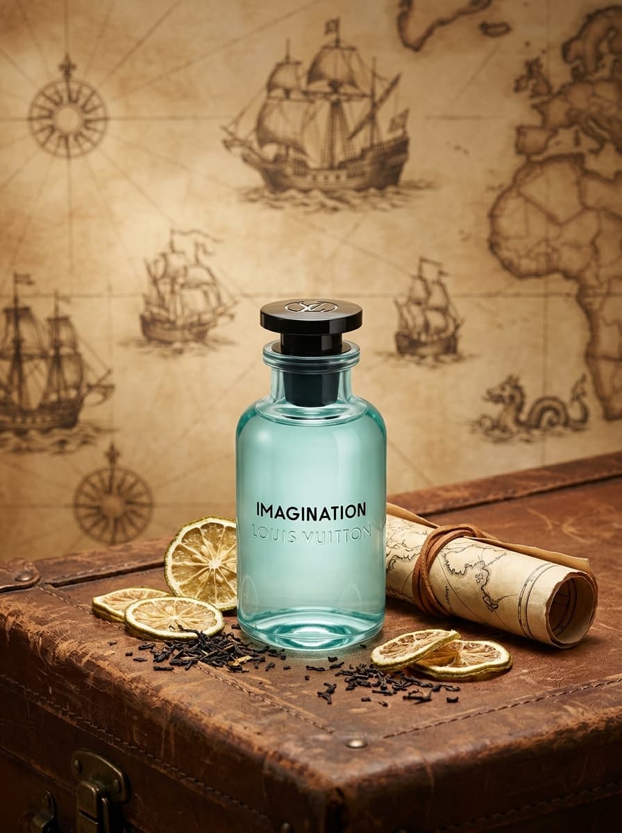 Frasco de perfume sobre un baúl antiguo con un mapa de navegación